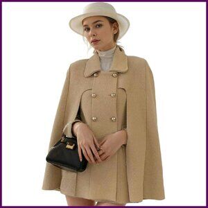 Wool Blend Cape Coat Double-Breast Gold Button Sleeveless Poncho Winter